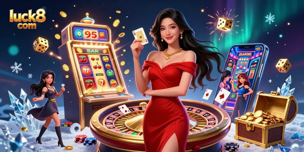 Engage in thrilling gaming action with luck8 com as a stunning young woman strikes an elegant pose beside golden roulette.