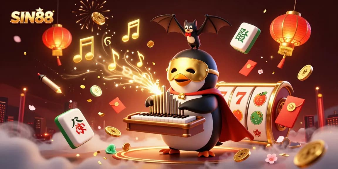 SIN88 offers thrilling gameplay with vibrant slot reels and golden coins cascading from the pipe organ.