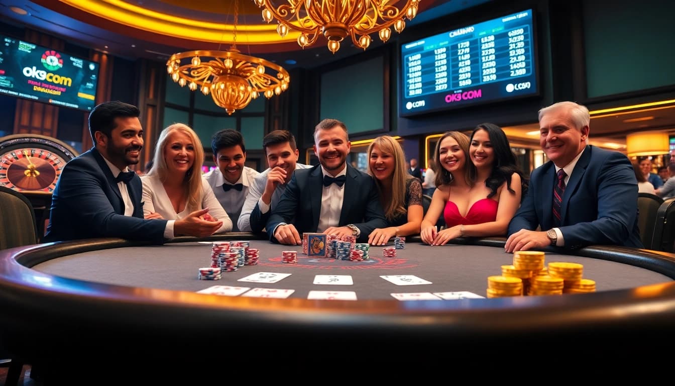 Gambling at a luxurious poker table at OK9 COM, showcasing vibrant casino atmosphere.