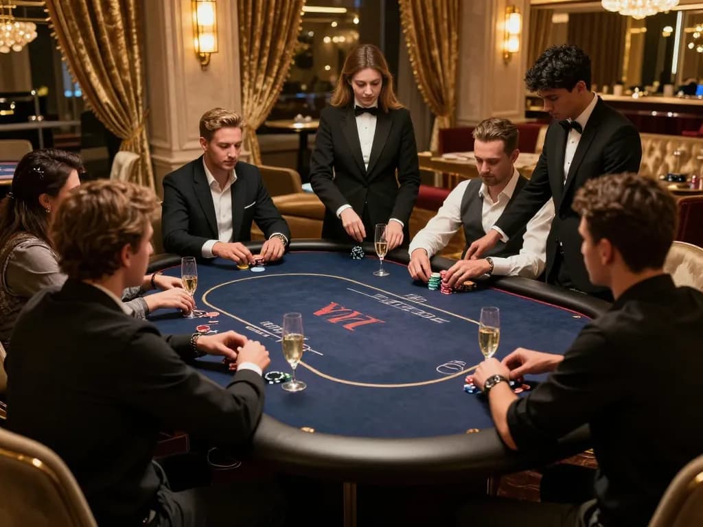 Vua99 players engage in high-stakes poker at an upscale VIP gaming table.
