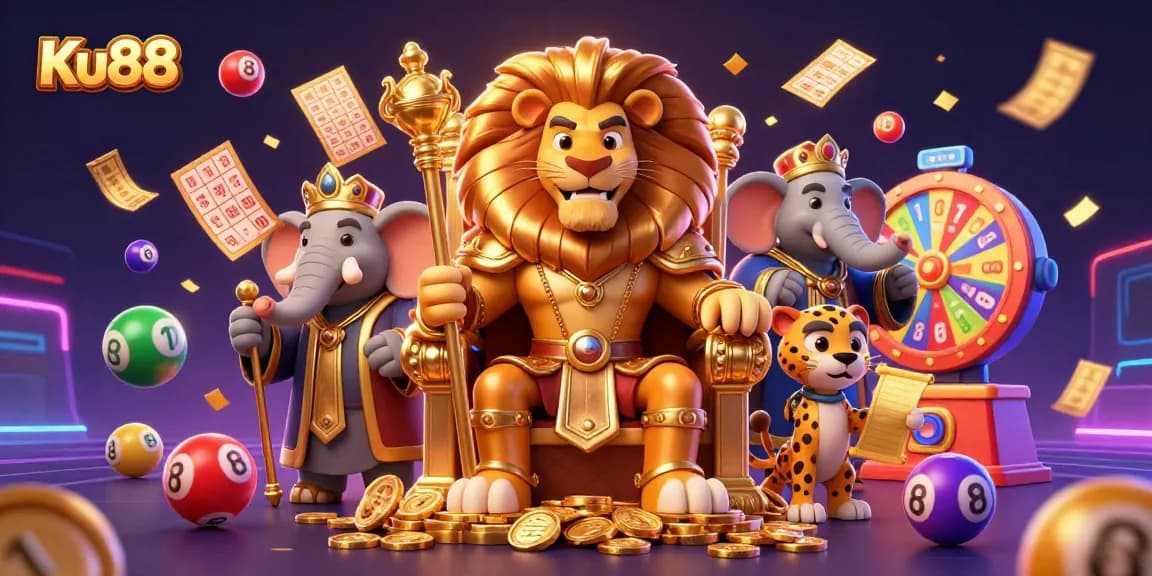 Join the excitement at Ku88 with a vibrant lottery scene featuring a lion king and animated elements.