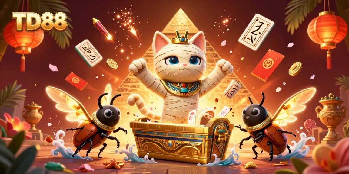 Win big with TD88 in a dynamic, vibrant casino scene featuring an Egyptian mummy cat.