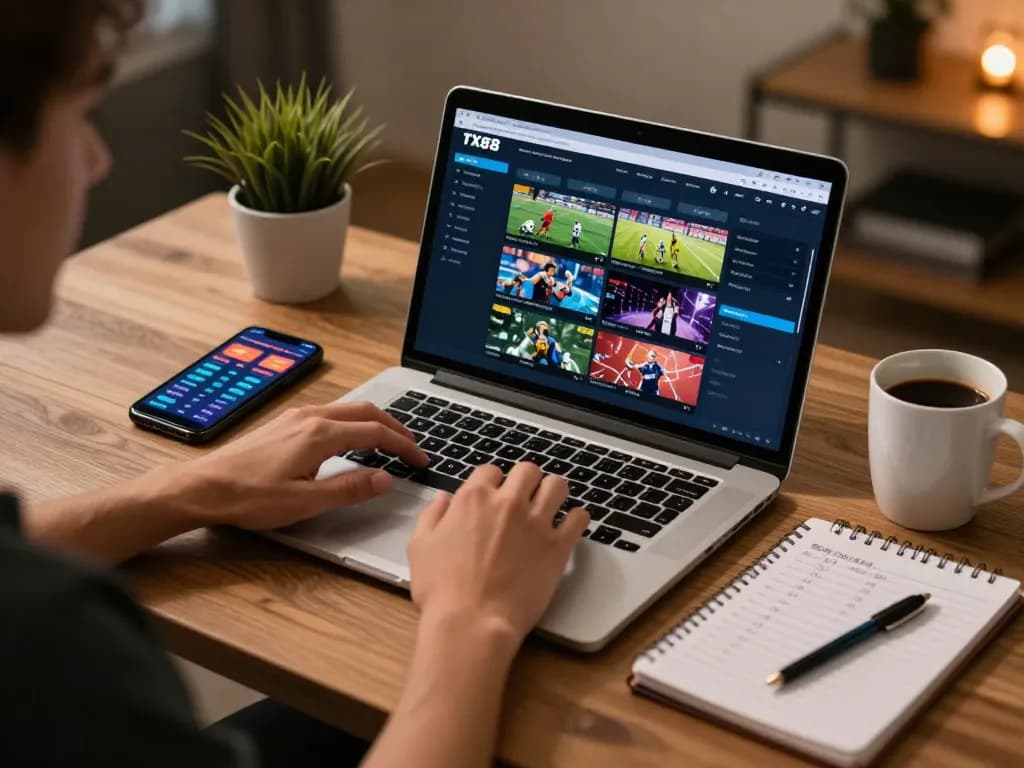 Place bets on https://tx88at.com/ via laptop in an inviting home office atmosphere, showcasing strategy notes.
