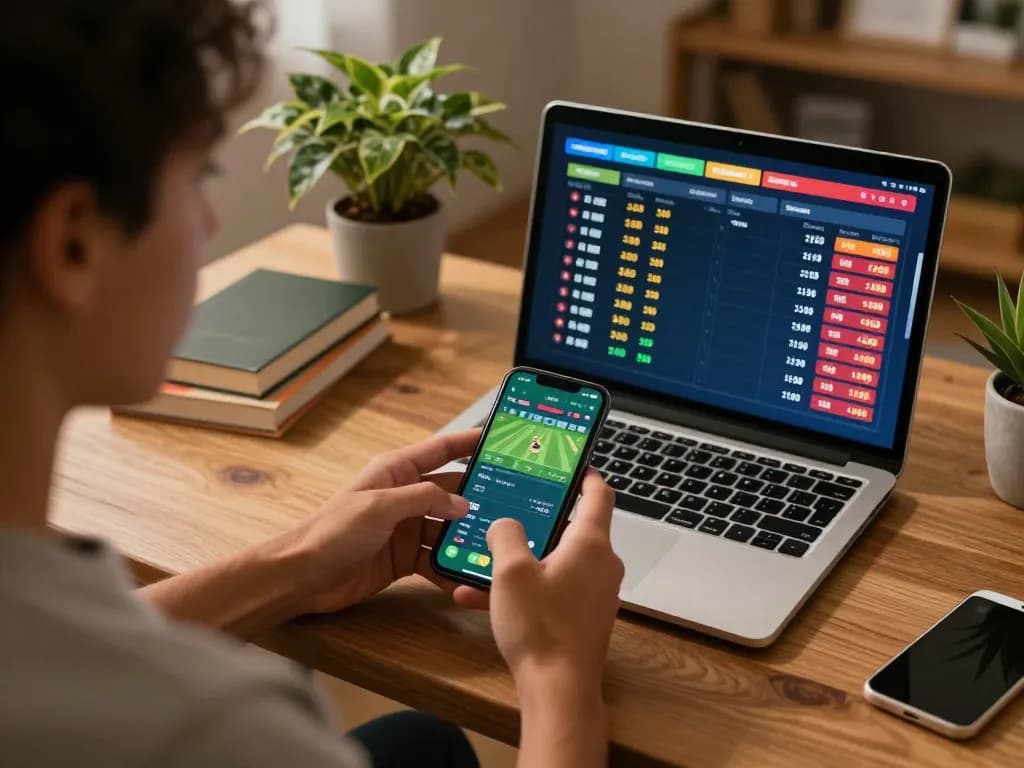 Bsport user placing live bets with smartphone in a stylish home office environment