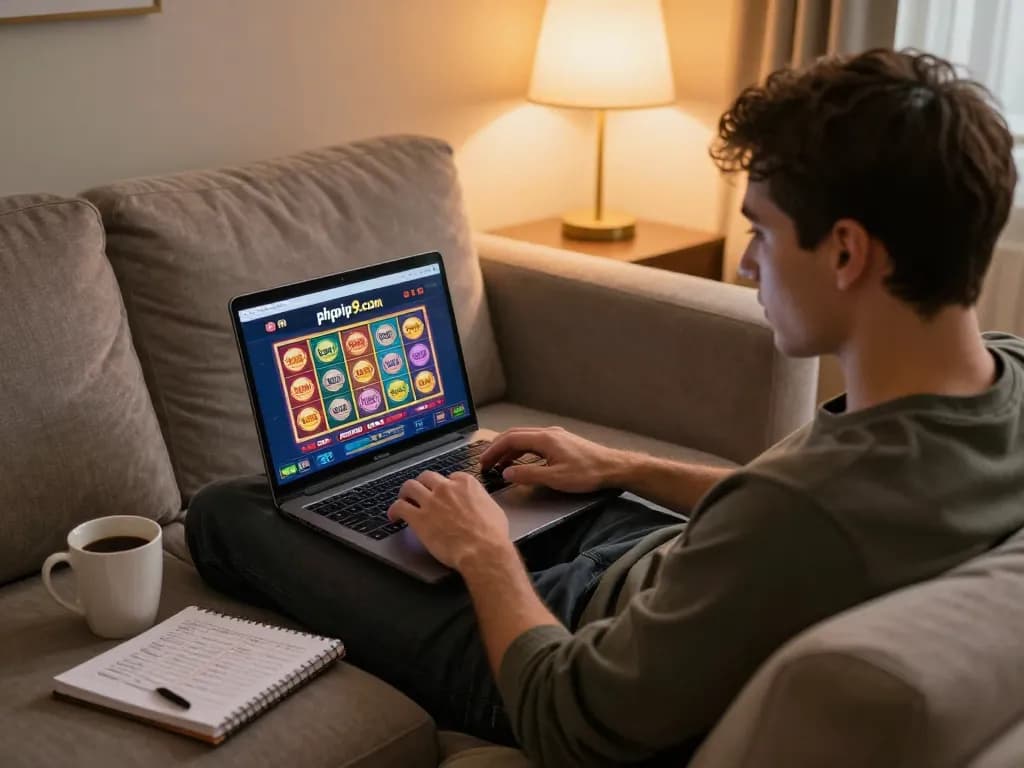 Player engaging with phpvip9com ph at home using a laptop, focused on colorful slot game interface.