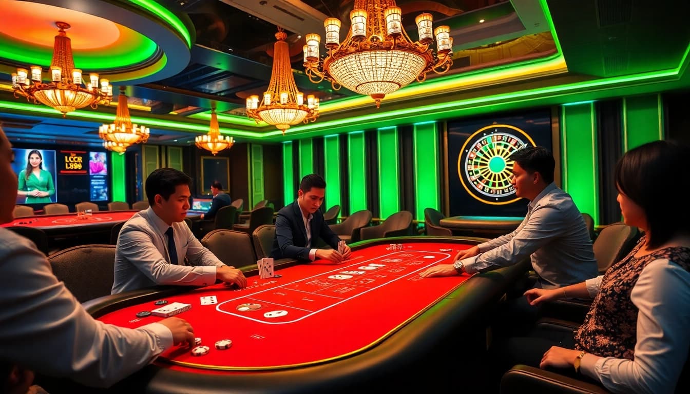 Players strategizing at an LC88 poker table, showcasing excitement and luxury in gambling.