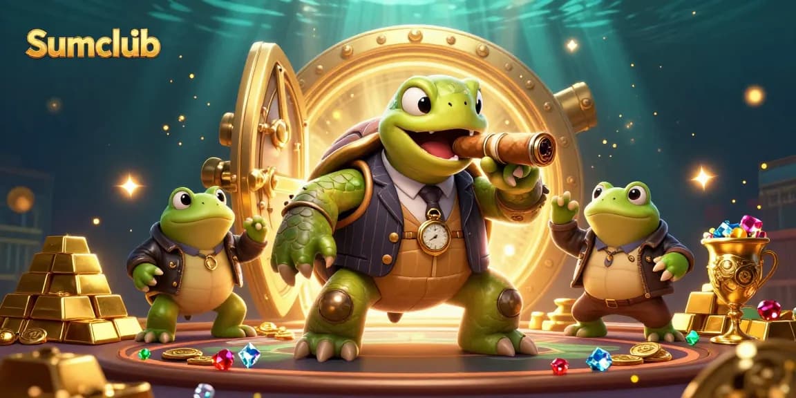 Experience thrilling games at Sumclub with vibrant characters and dazzling treasures in a lively casino scene.
