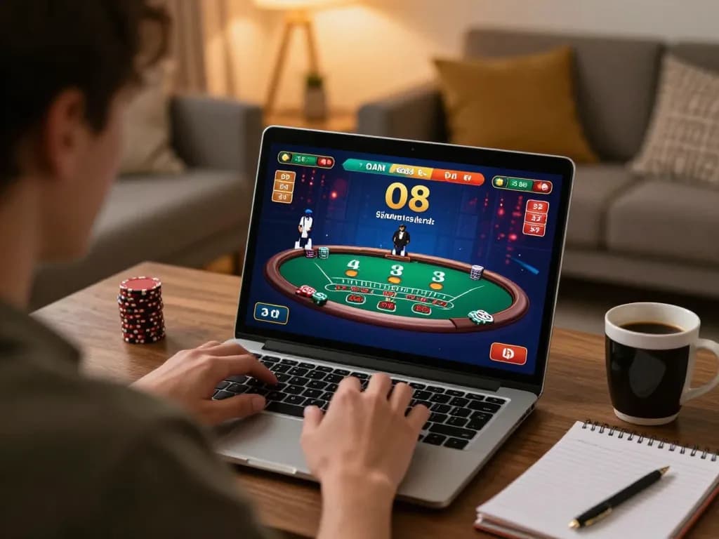 Player engaging with O8's live dealer blackjack on a laptop in a cozy home setting, capturing online gambling excitement.