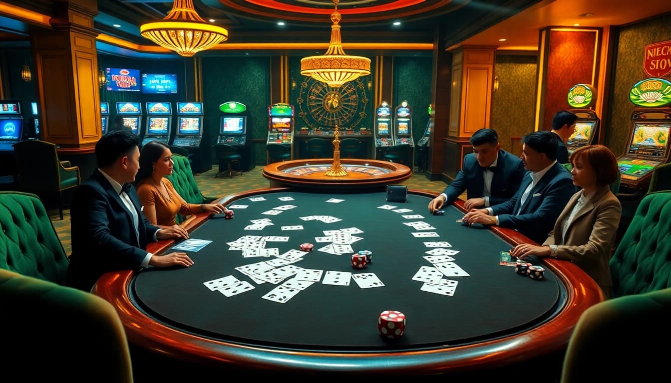 Engaging scene at 56win.to showcasing high-stakes poker and vibrant casino atmosphere.