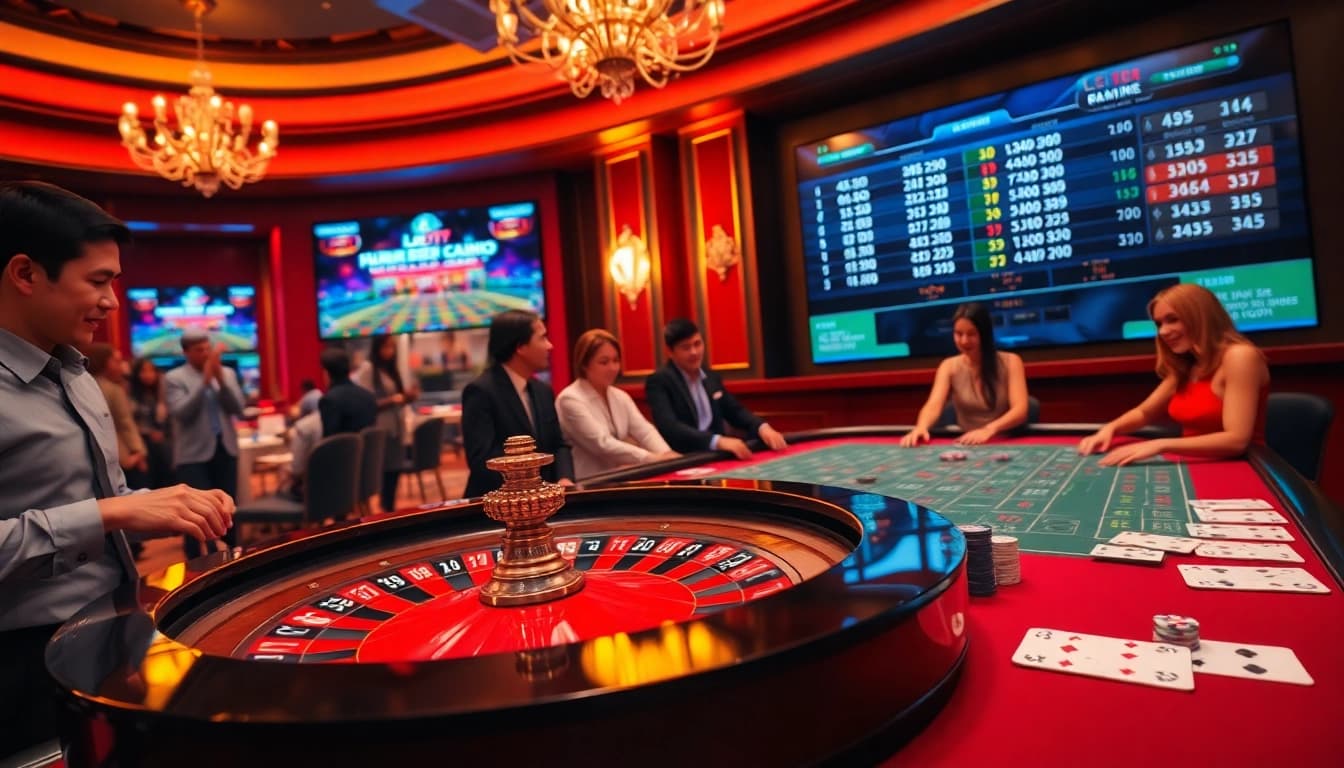Experience the thrill of betting at https://lc88app.com/ with a lively casino scene showcasing roulette and poker.