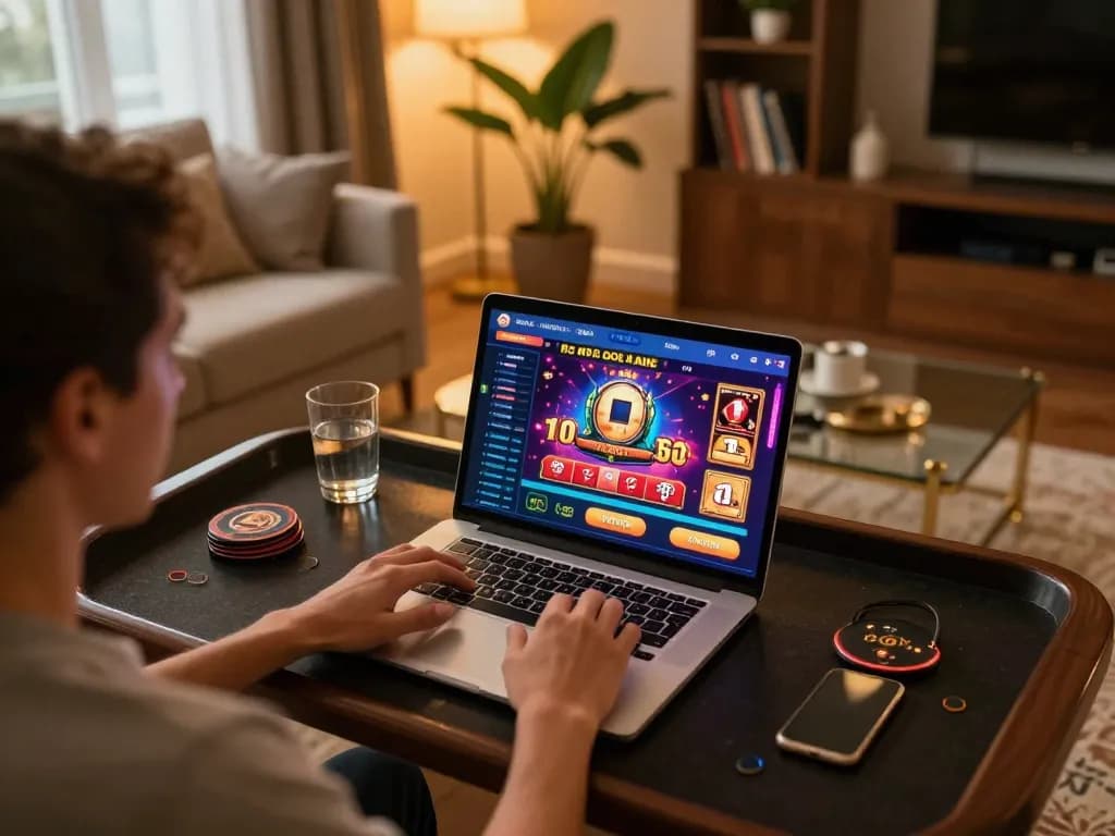 Player engaging on god55 online casino app at home, showcasing a cozy gaming environment.