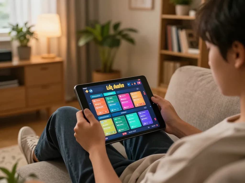 Engaging in lô đề online betting from home with a tablet, creating a casual and responsible gaming atmosphere