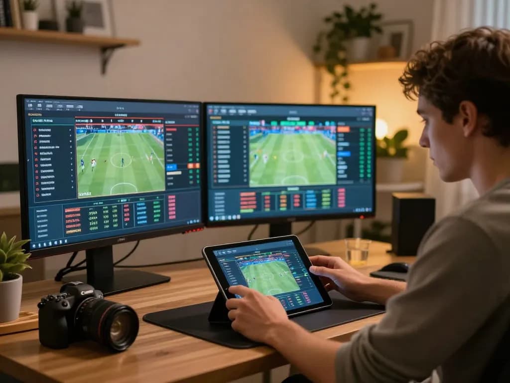 Engaged gambler analyzing Keo nha cai 5 on tablet while strategizing betting.