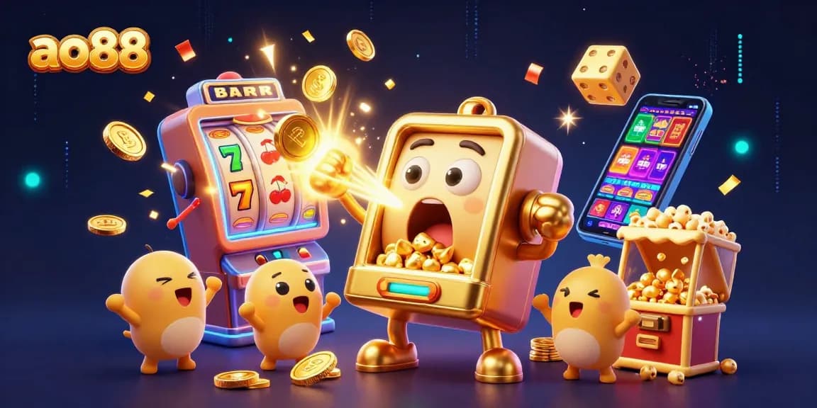 ao88 slots scene with shocked golden slot machine winning a jackpot amidst coins, colorful game symbols, and dynamic elements