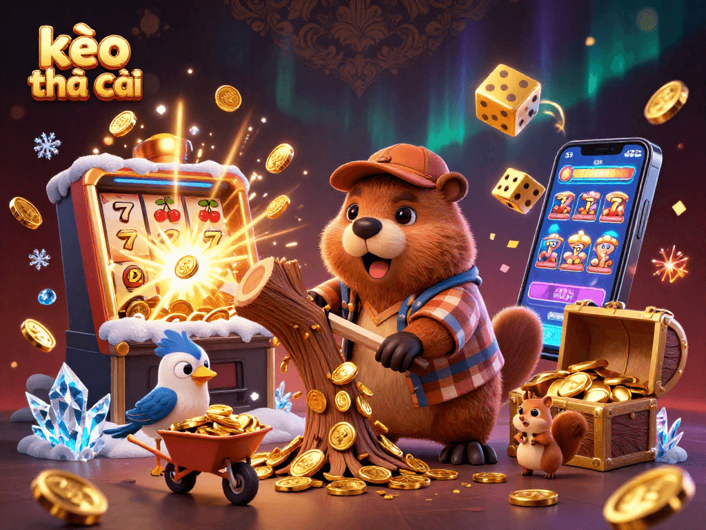 Experience kèo nhà cái excitement with a cartoon beaver amidst golden treasure and vibrant casino elements.