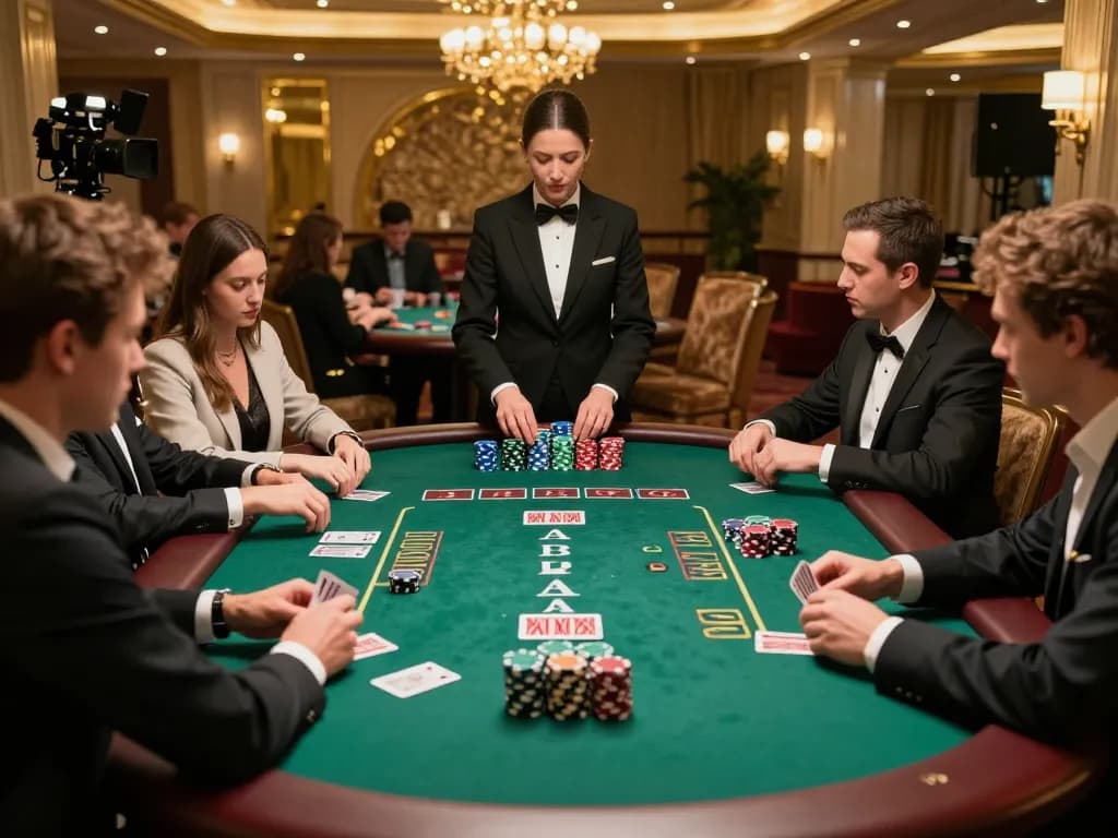 Vua88 players strategizing their moves at a high-stakes blackjack table in a luxurious casino setting.