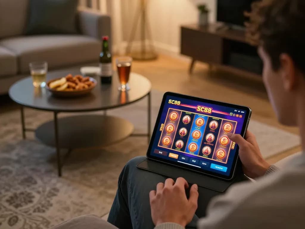 Player enjoying SC88 online casino slots on a tablet in a cozy living room setting.