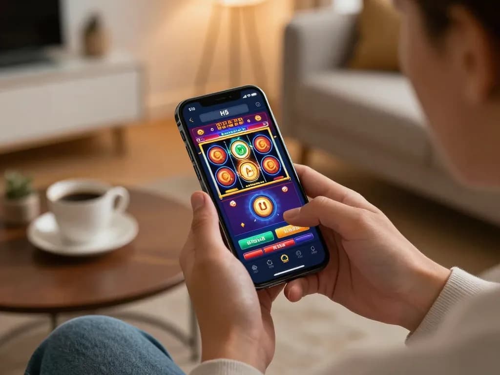 Experience H5 browser play on a smartphone showcasing exciting slot games in a cozy home setting.