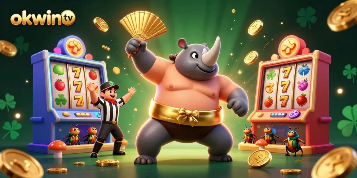 Engage with okwin tv slots in a vibrant 3D illustration featuring a dynamic sumo beetle scene.