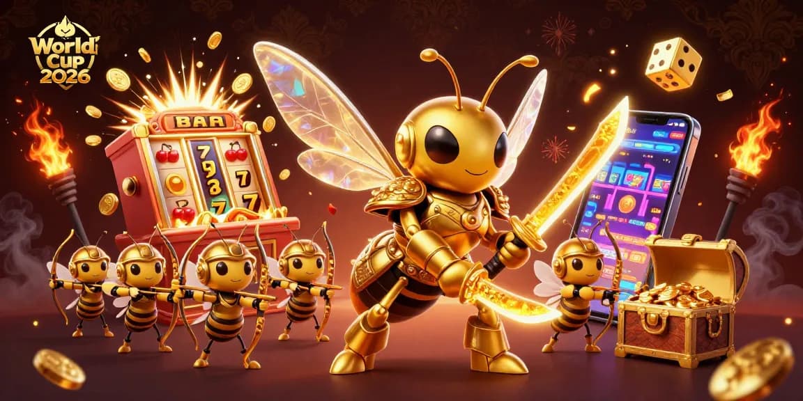 Engage in the excitement of World Cup 2026 slot games featuring a golden hornet samurai amidst dynamic casino elements.