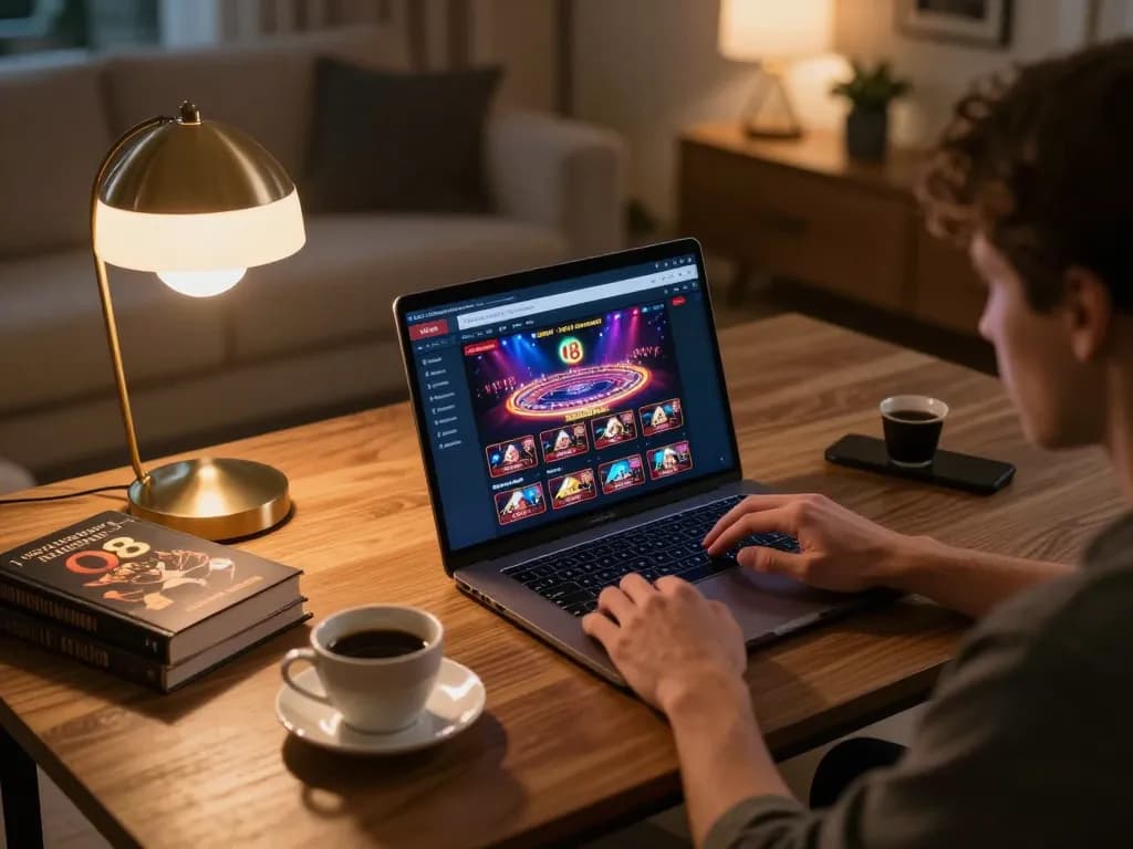 O8 player engaging with online casino games on a laptop, showcasing a cozy and strategic gaming atmosphere.