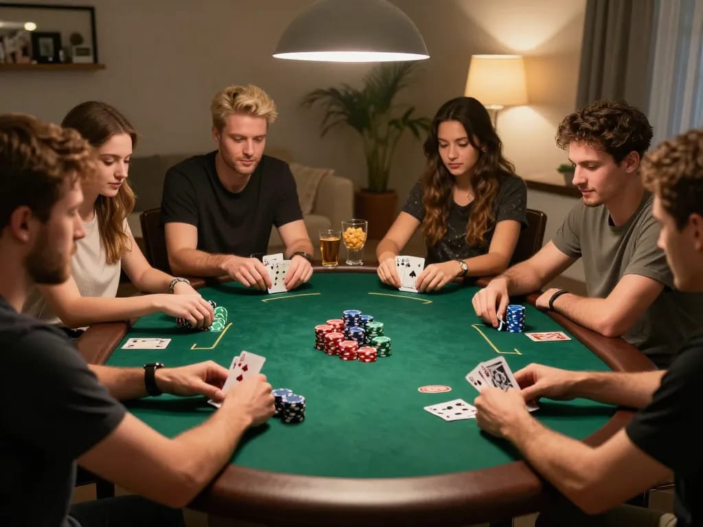 Watch friends enjoy a thrilling Texas Hold'em game at home with dash88 gaming strategy.