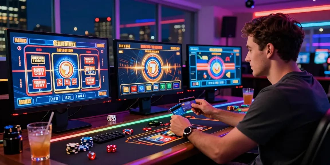 Player at a modern gaming desk enjoying credit card casinos online at https://saintnicolasplace.co.uk in a vibrant urban setting.