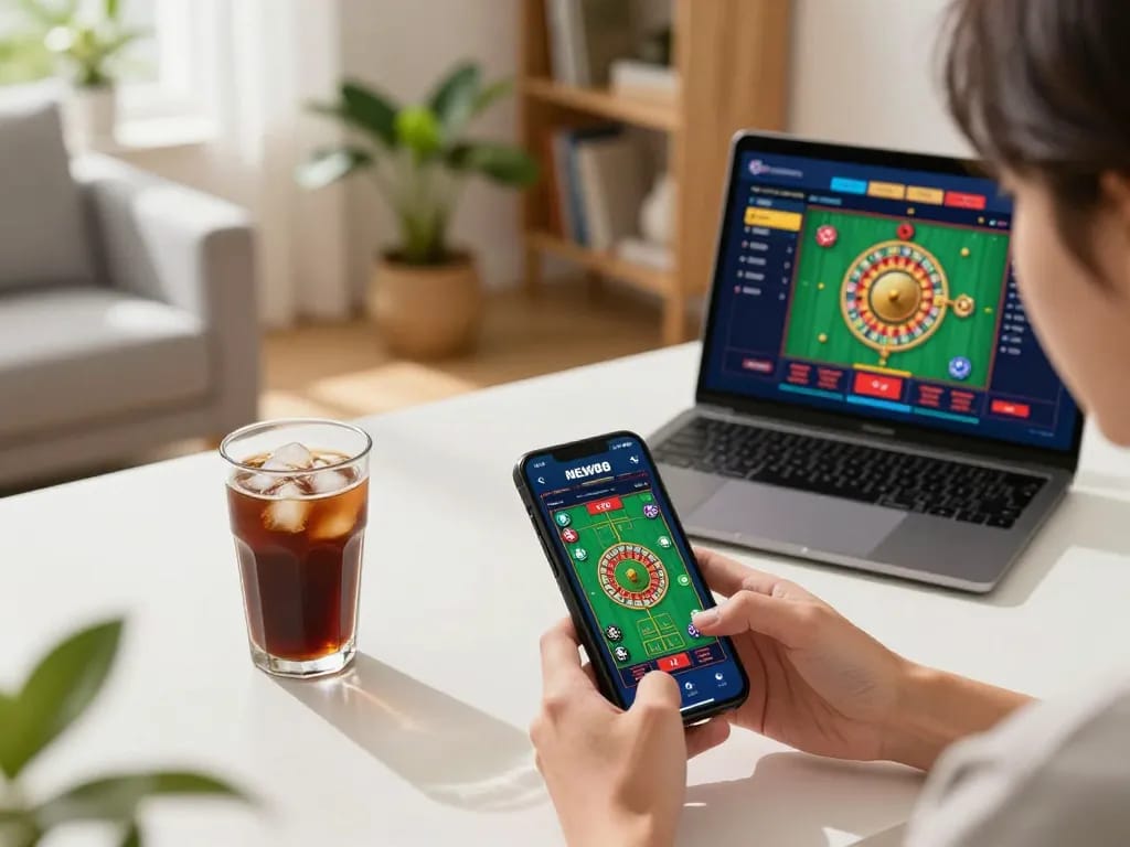 Gamers explore New88’s exciting online roulette interface while sipping coffee at home.