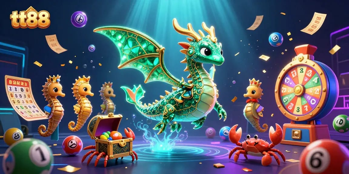 Experience the thrilling world of tt88 with an exciting underwater scene featuring a majestic sea dragon among lottery games and vibrant elements.