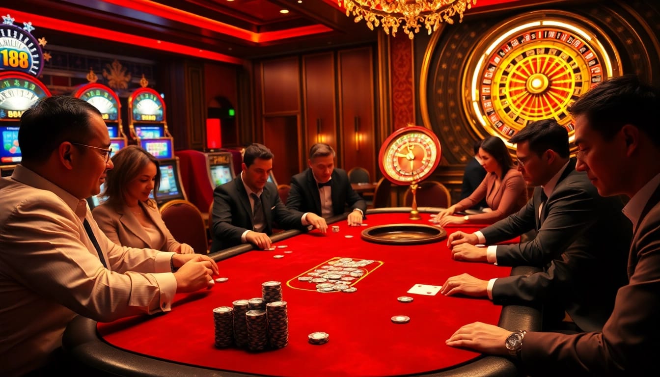 Players enjoying high-stakes poker at F168 casino, showcasing luxury and excitement.