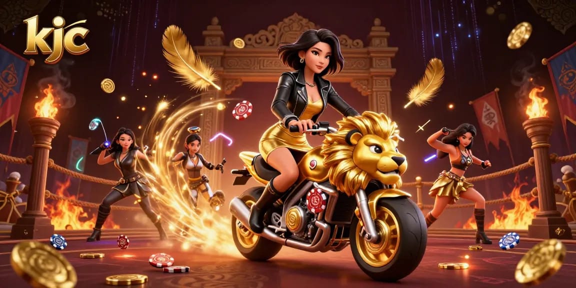 Experience thrilling gaming at KJC with an energetic scene featuring a glamorous woman on a golden lion amidst casino elements.