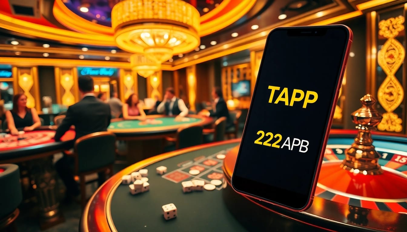 Experience TẢI APP 123GA, showcasing a vibrant casino scene filled with excited players and dynamic gambling activities.