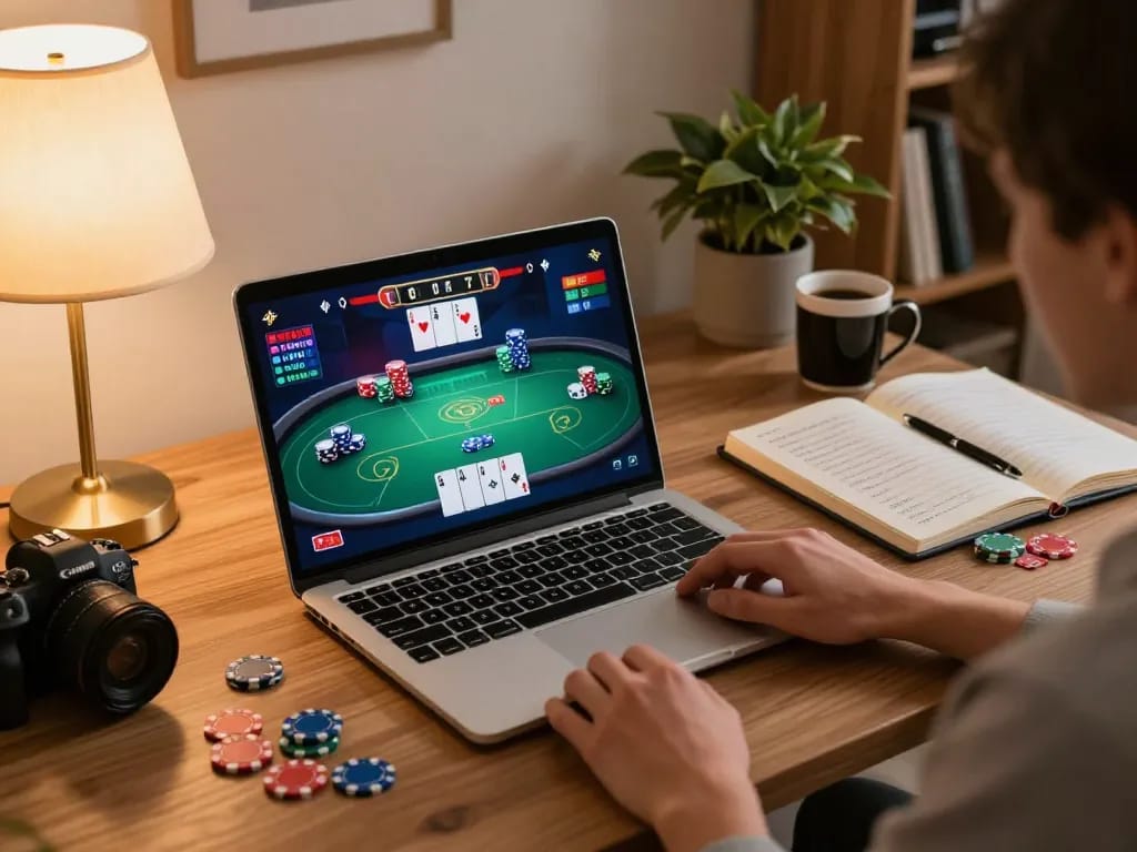 Engaging in poker strategies on the cm88 online gaming platform in a cozy home setting.