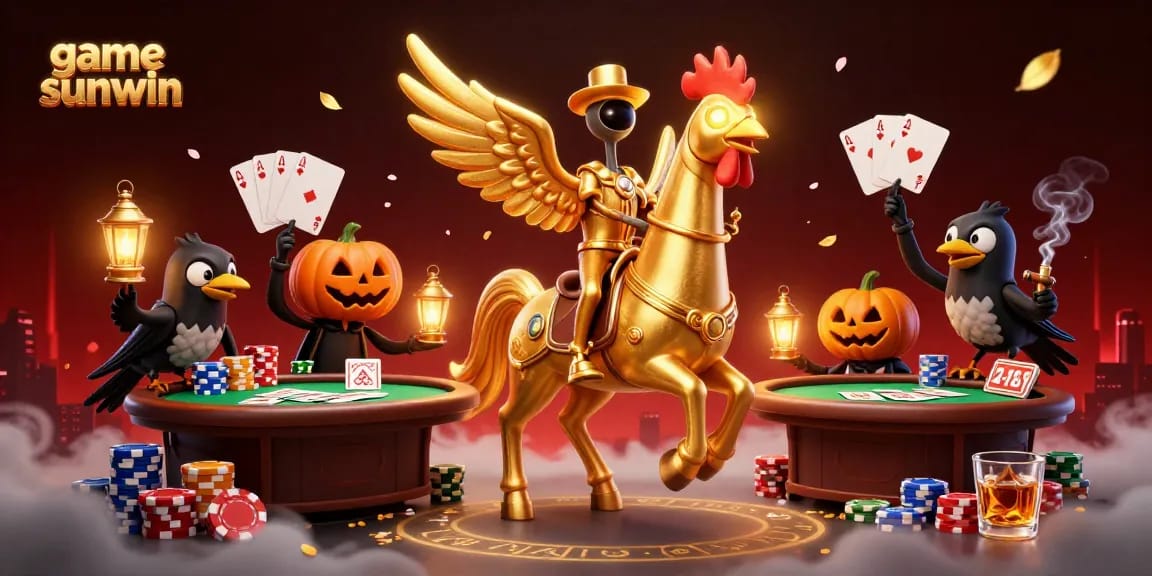 Engage in the exciting game sunwin scene with a golden rooster and poker elements.