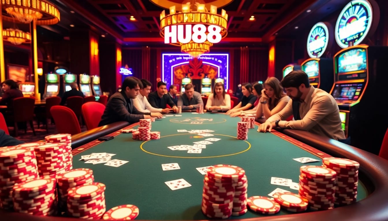 Engage with HU88 casino excitement at a high-stakes poker table adorned with vibrant chips and cards.
