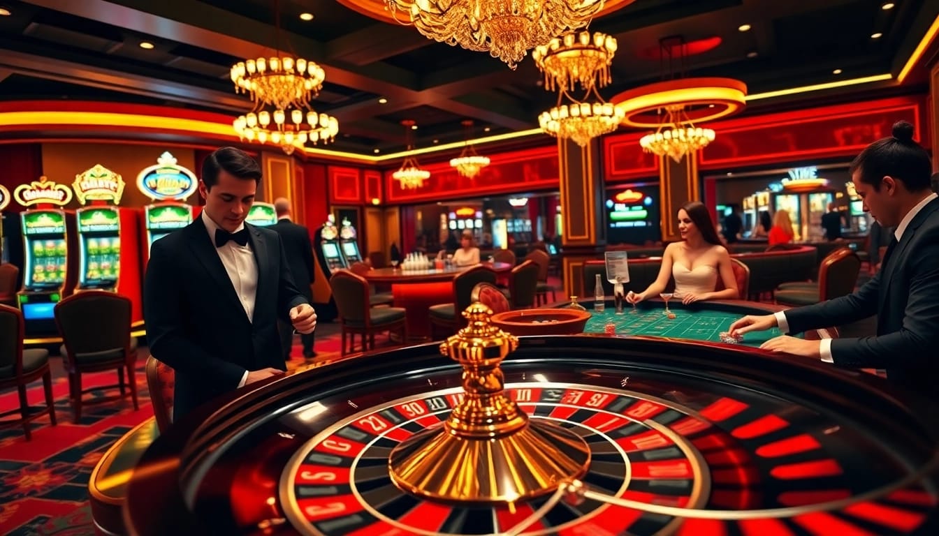 Excitement of players gambling at NK88's luxurious roulette table in a vibrant casino.