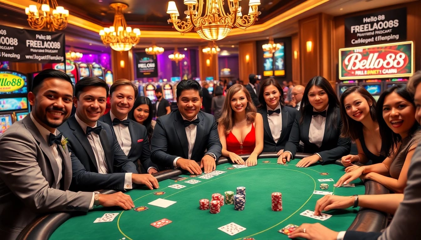 Hello88 players strategizing at a vibrant casino table with cards and chips.