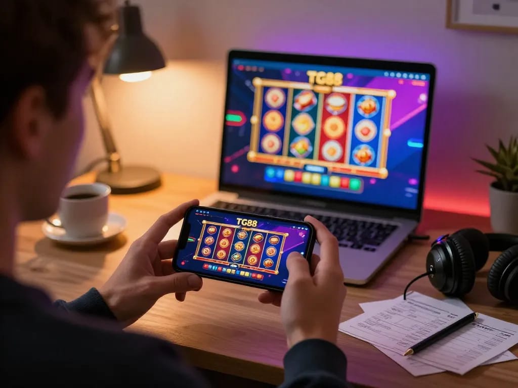 Play TG88 on mobile app with vibrant slots and table games displayed in cozy home office.