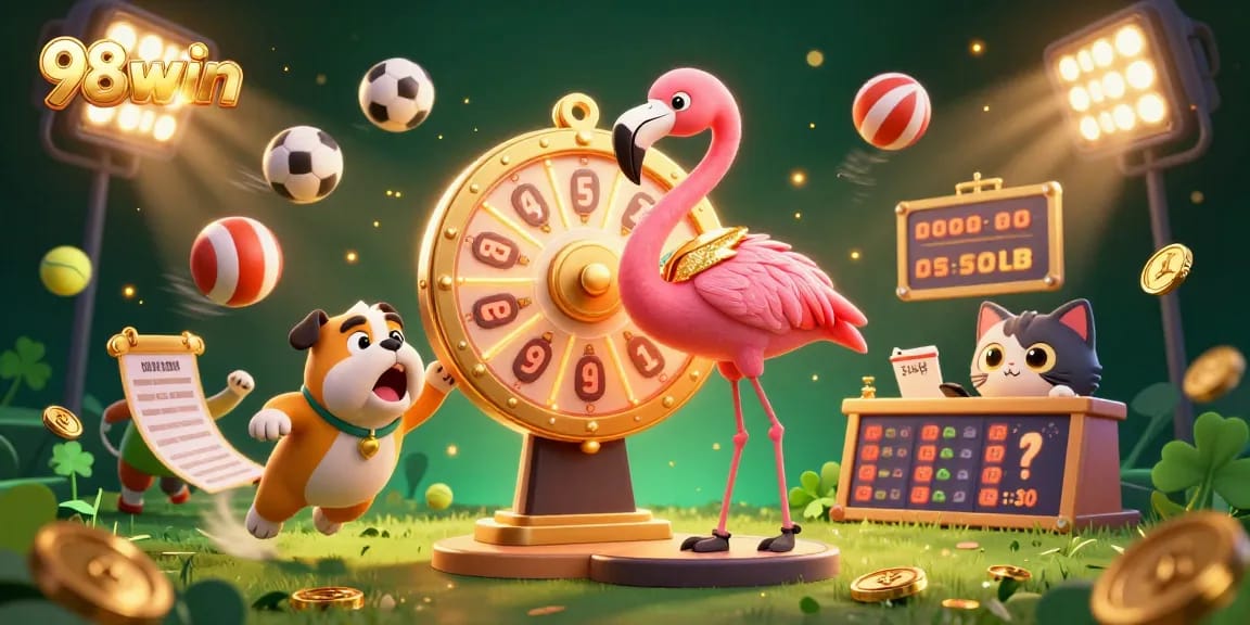 Join the excitement at 98win with a vibrant scene of gambling fun featuring a golden prize wheel and dynamic sports elements.