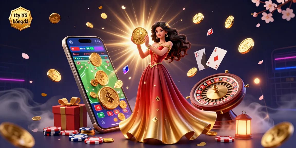 Experience thrilling tỷ lệ bóng đá sports betting with a stunning Asian woman symbolizing luck, surrounded by coins and a colorful gaming atmosphere.