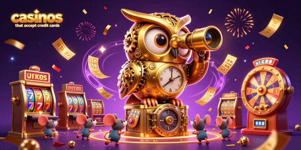 Experience excitement at casinos that accept credit cards, featuring a golden owl and animated mice playing among slot machines.