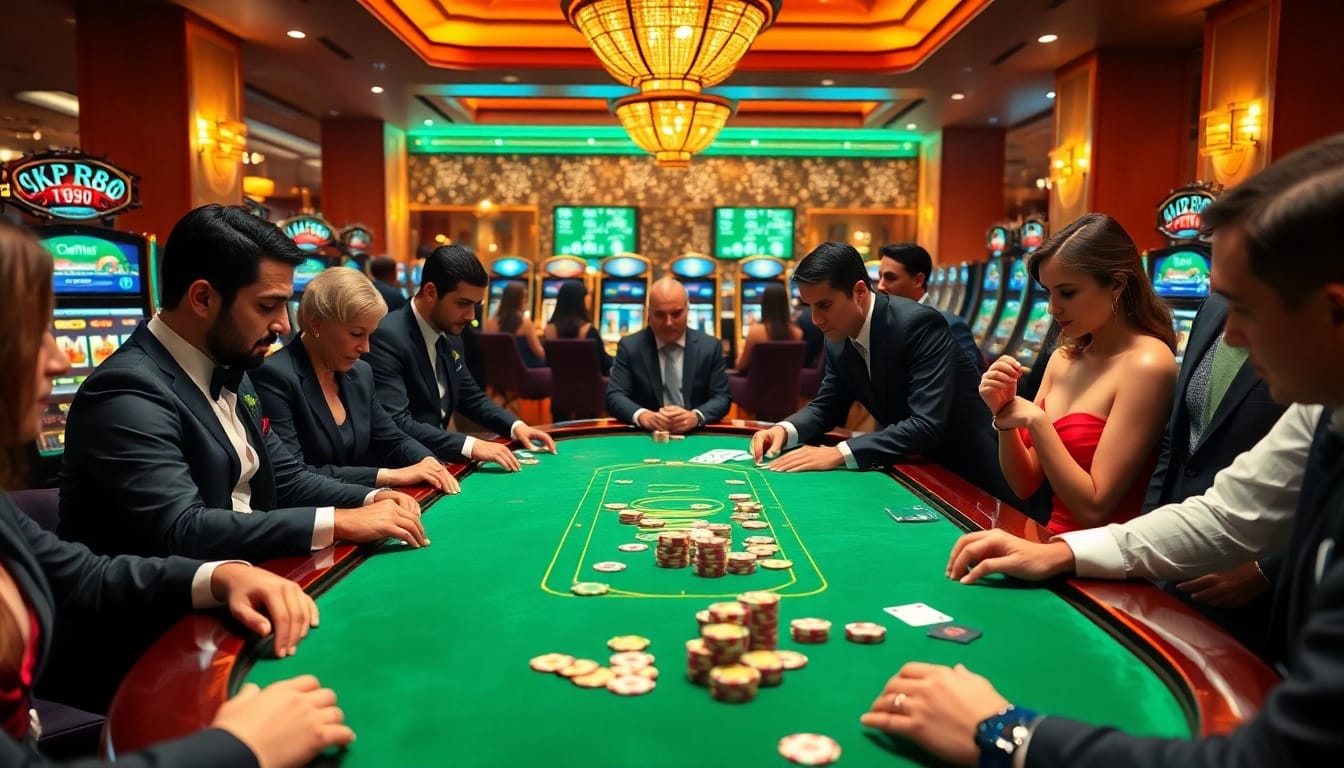 Excited players at a KP88 poker table strategizing amidst vibrant casino lights.