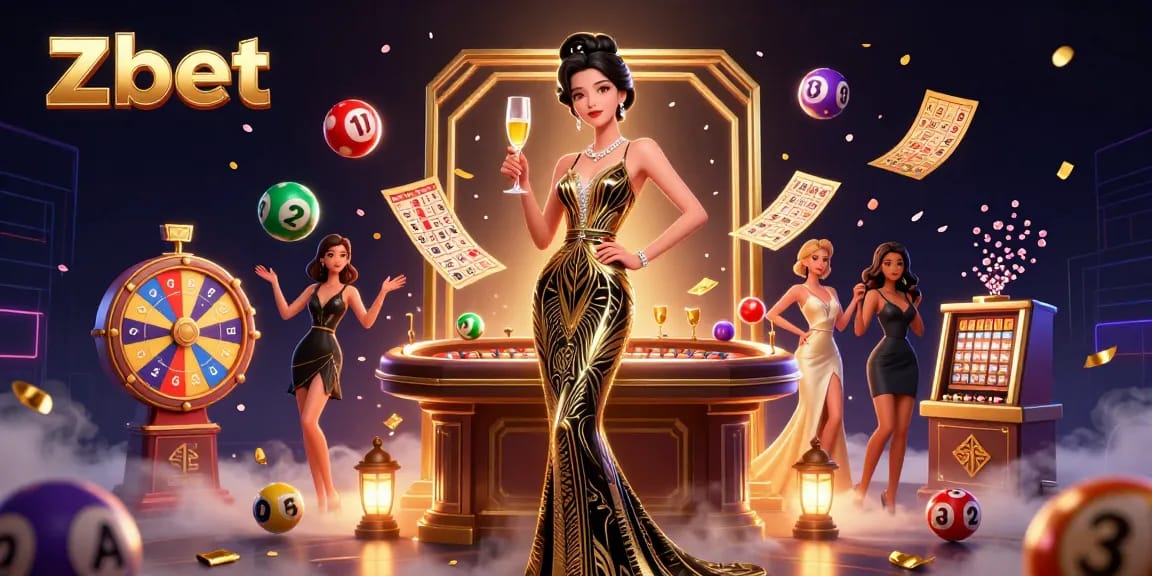 Zbet captivates with a glamorous Asian woman celebrating wins with games and colorful lottery elements.
