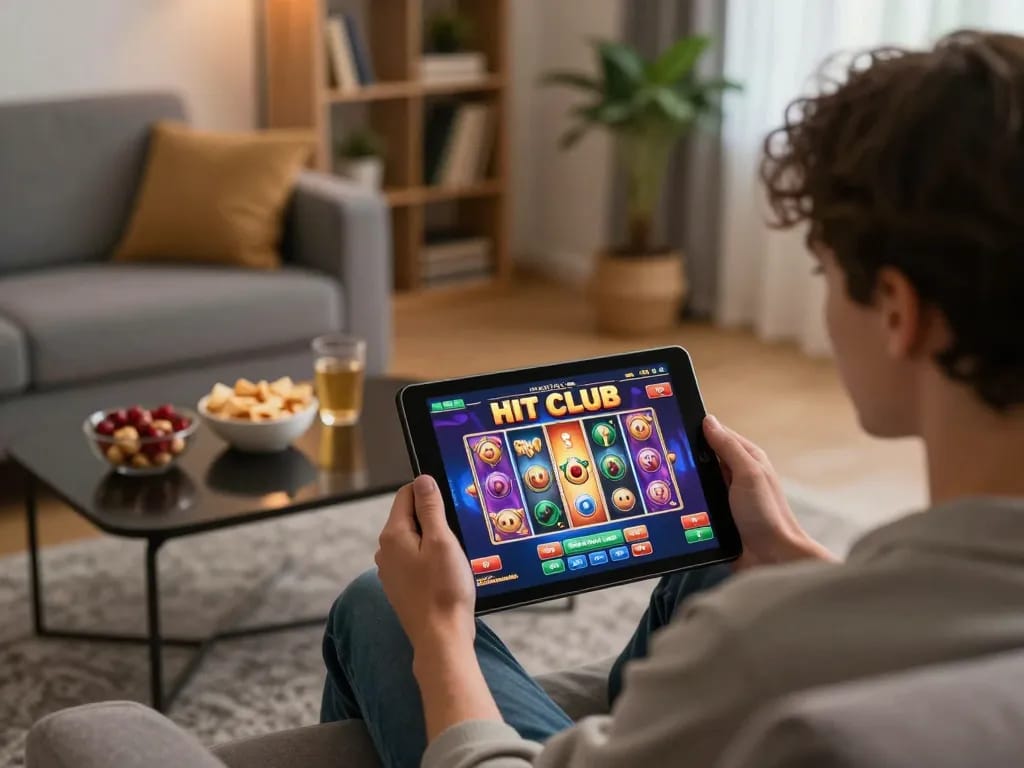 Engaging in HIT CLUB online gaming, a player joyfully spins the reels on a tablet while enjoying a cozy home atmosphere.