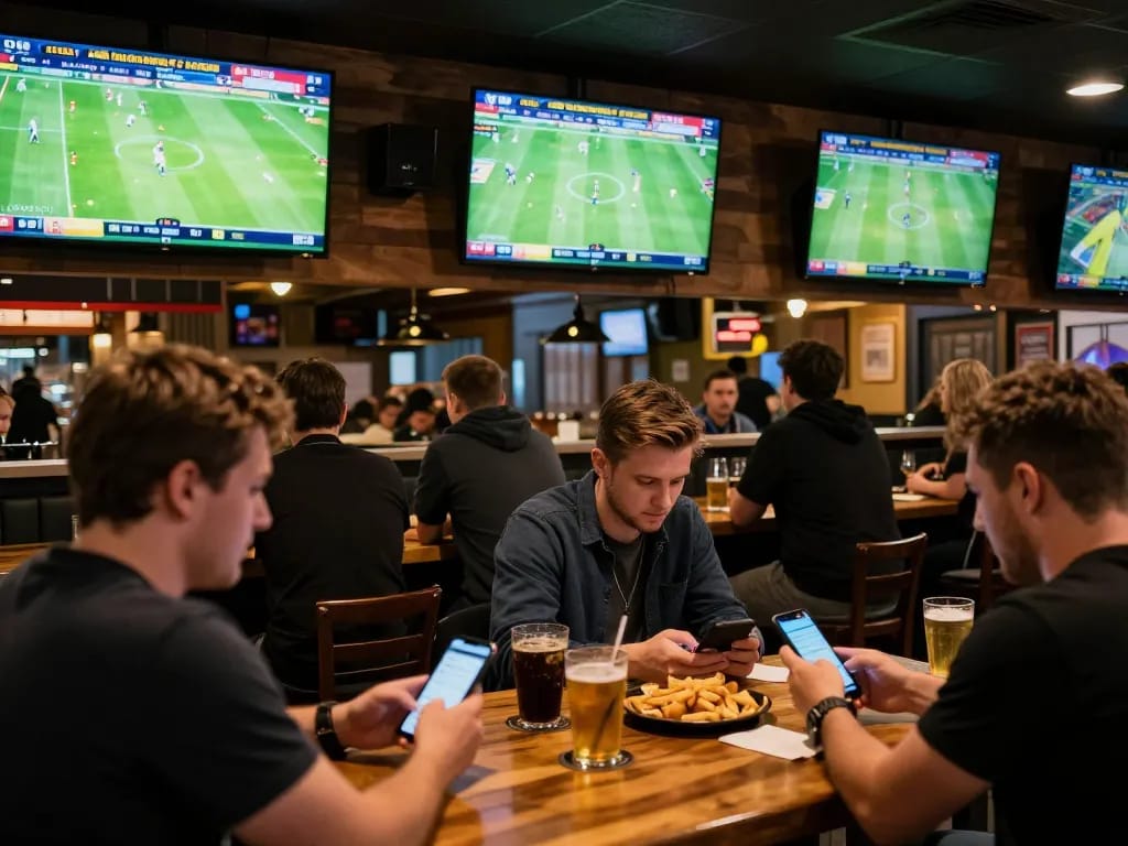 Socolive users engaging in lively sports betting at a vibrant bar with live match displays