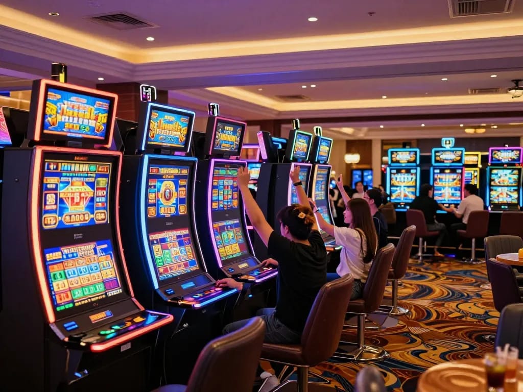 Players enjoying thrilling slot games at TR88 casino, celebrating wins in vibrant atmosphere.
