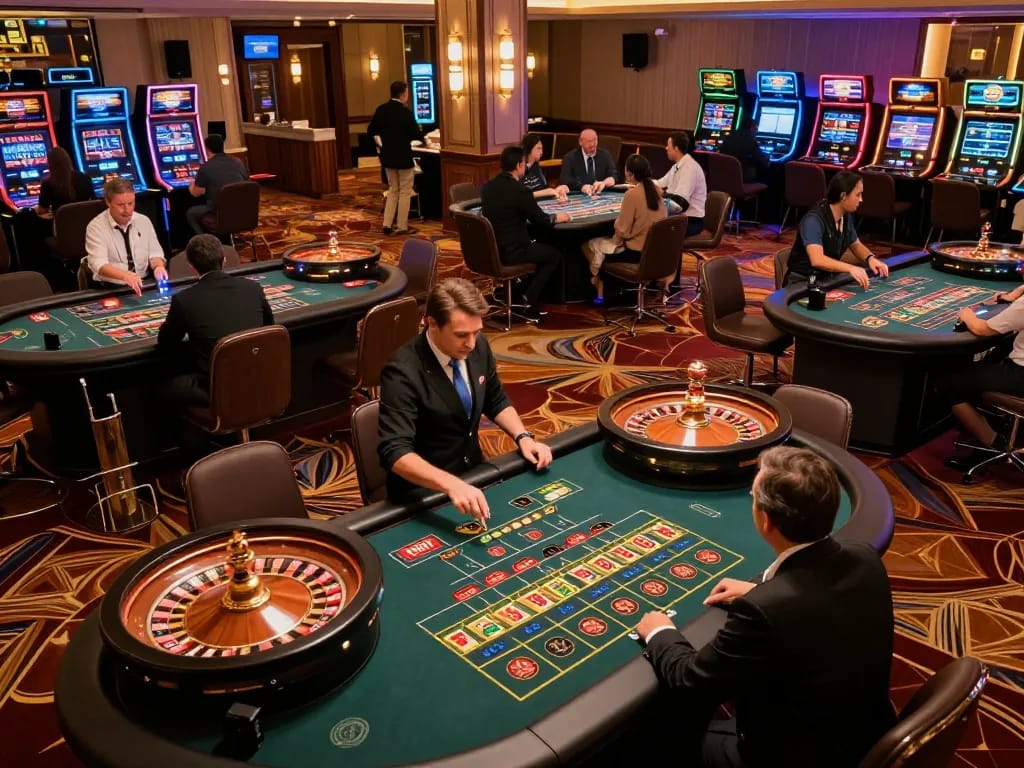 Players placing bets at ONE88 roulette tables in a lively casino atmosphere.