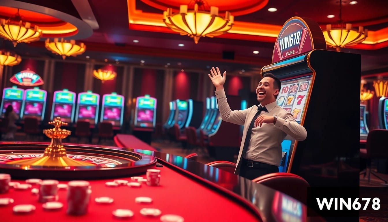 WIN678 showcases excitement with players enjoying luxurious casino games and vibrant slot machines.