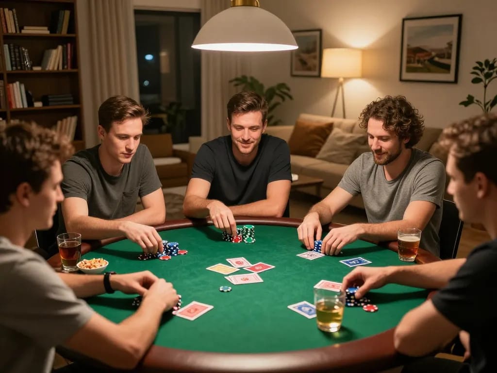 X88 home poker night with friends enjoying Texas Hold'em, poker chips visible.