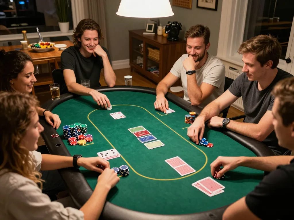 Sunwin players enjoying an exciting poker game night with colorful chips and lively expressions.